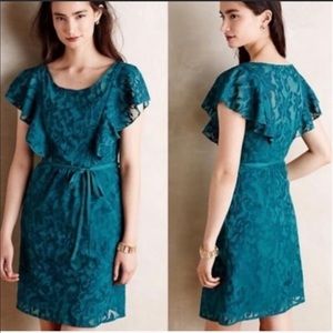 Moulinette Soers teal blue/green lace tie waist dress 4 Anthropologie lined